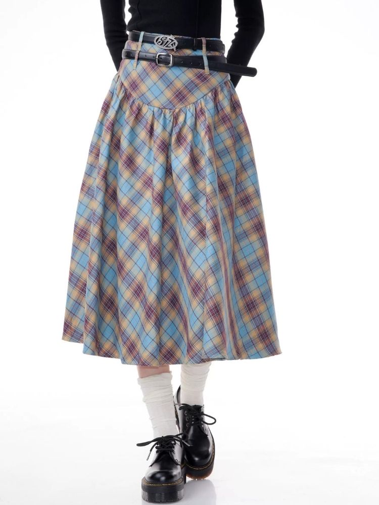 High waist plaid pleated half-body skirt