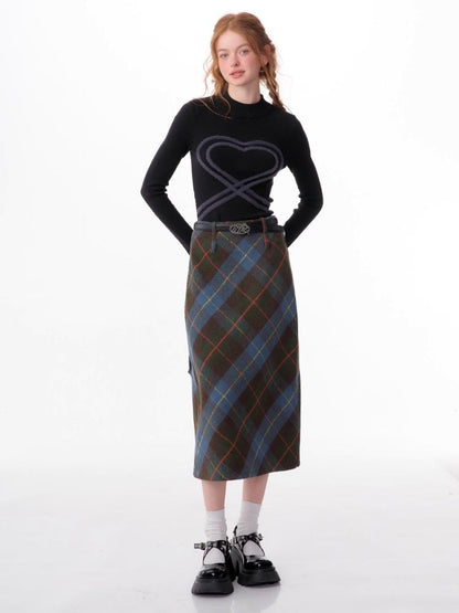 High-waisted thin a-line plaid half-body skirt