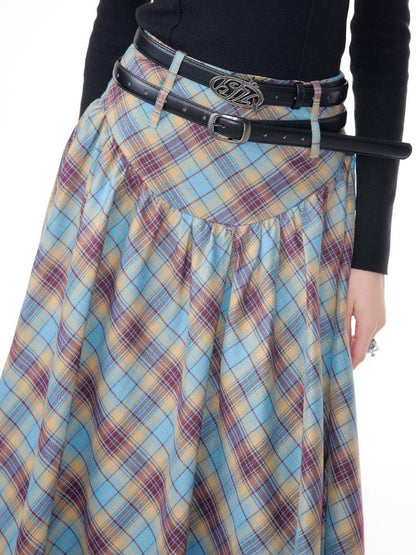 High waist plaid pleated half-body skirt