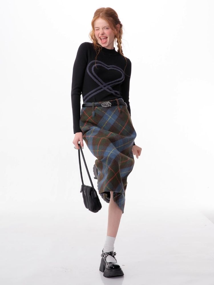 High-waisted thin a-line plaid half-body skirt