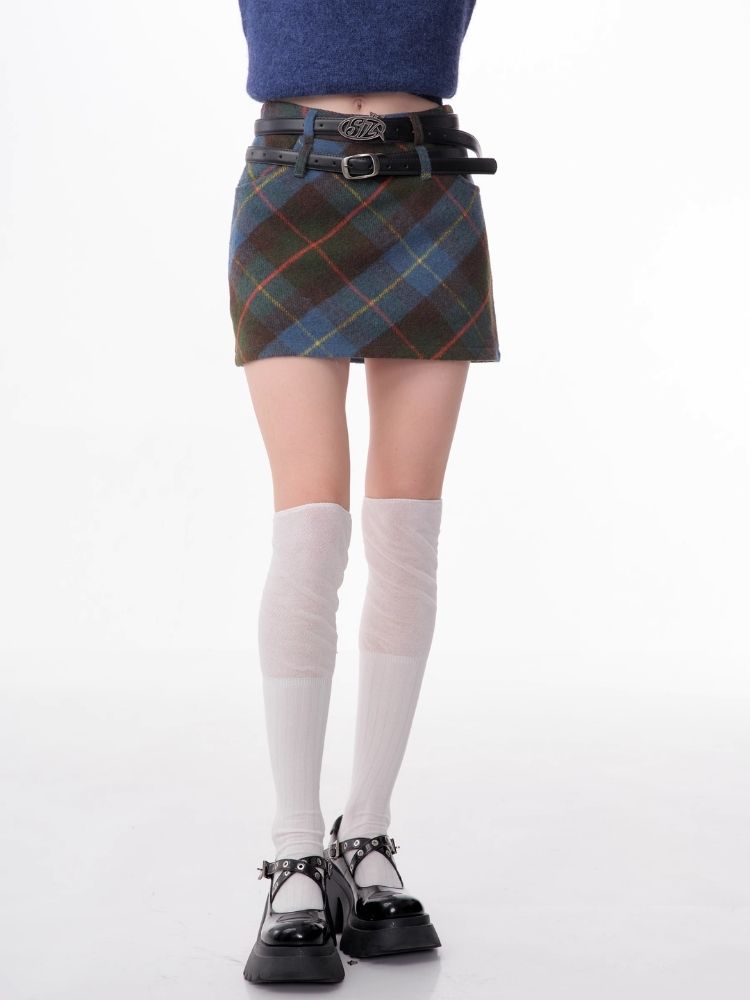 High-waisted thin a-line plaid half-body skirt