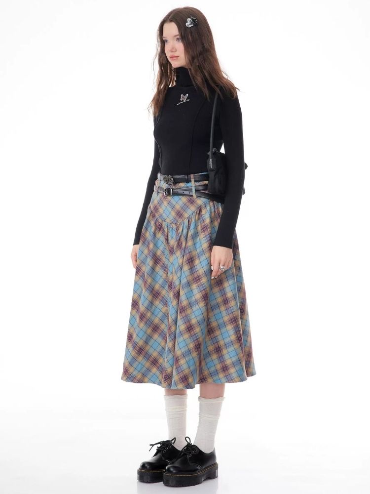 High waist plaid pleated half-body skirt