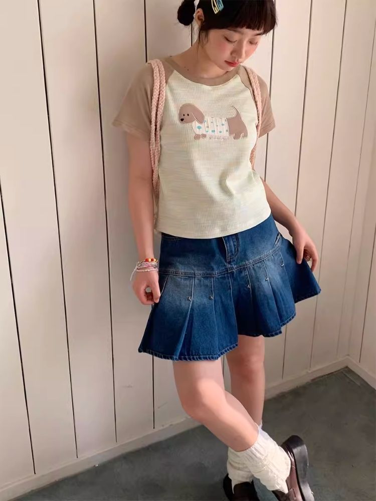 Embroidery Shoulder Sleeve Slim Short Top T-Shirt