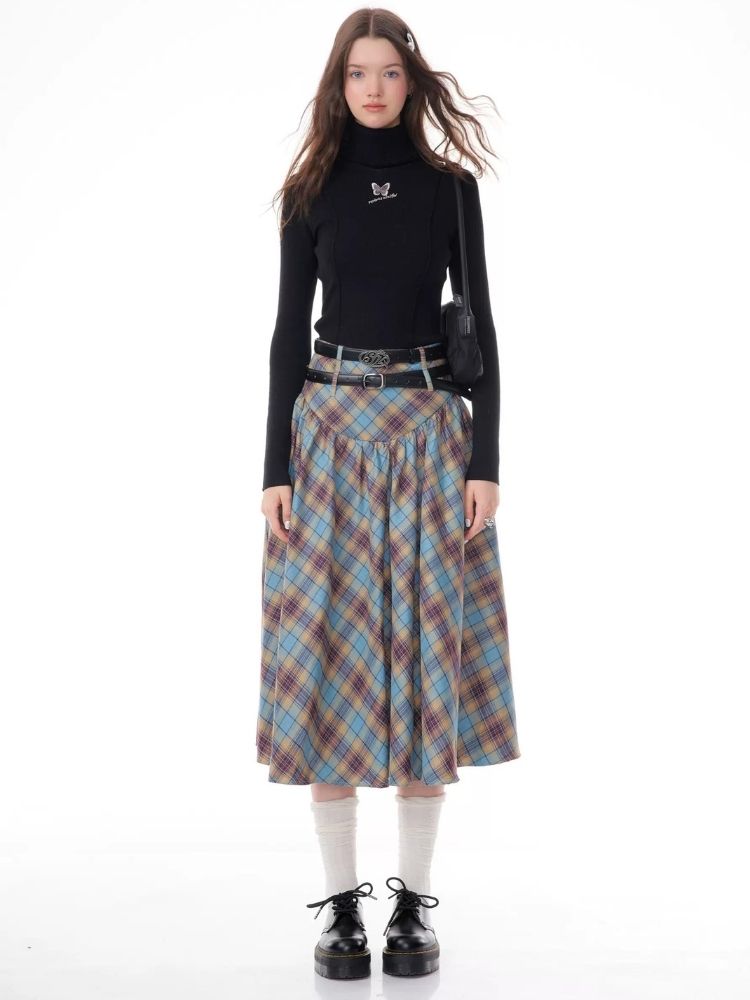 High waist plaid pleated half-body skirt