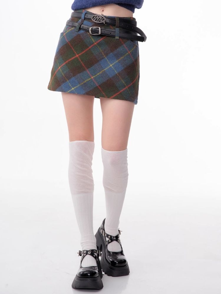 High-waisted thin a-line plaid half-body skirt