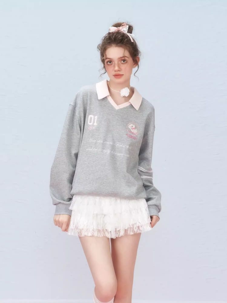 Ballet style embroidered jersey pullover sweater