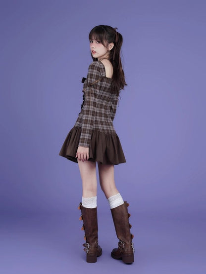 Brown Plaid Bow Long Sleeve Dress