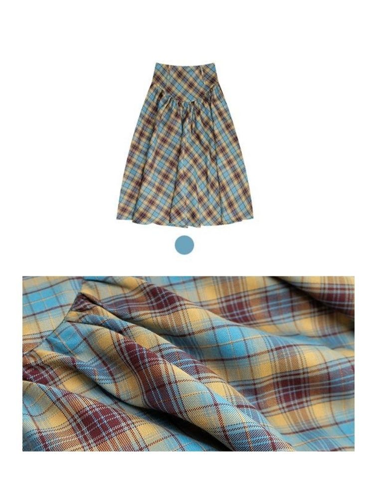 High waist plaid pleated half-body skirt