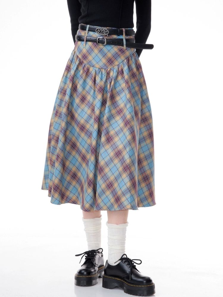 High waist plaid pleated half-body skirt