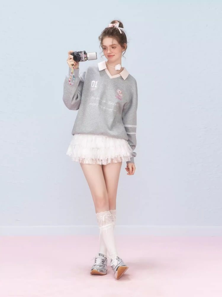 Ballet style embroidered jersey pullover sweater