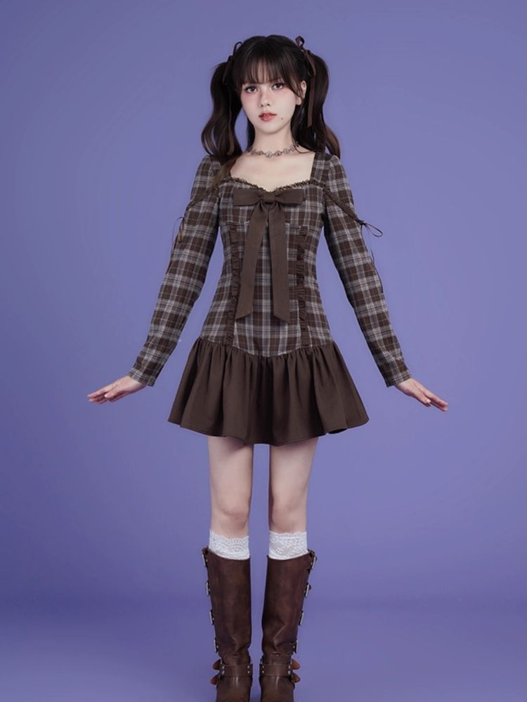 Brown Plaid Bow Long Sleeve Dress