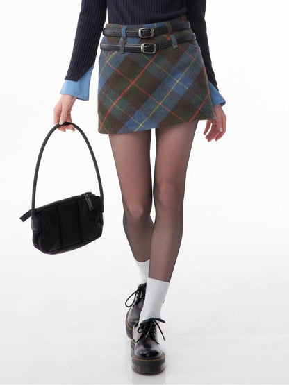 High-waisted thin a-line plaid half-body skirt