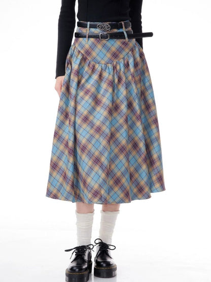 High waist plaid pleated half-body skirt