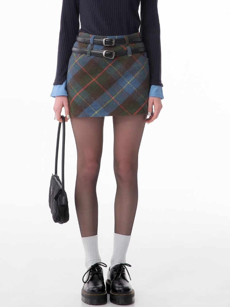 High-waisted thin a-line plaid half-body skirt