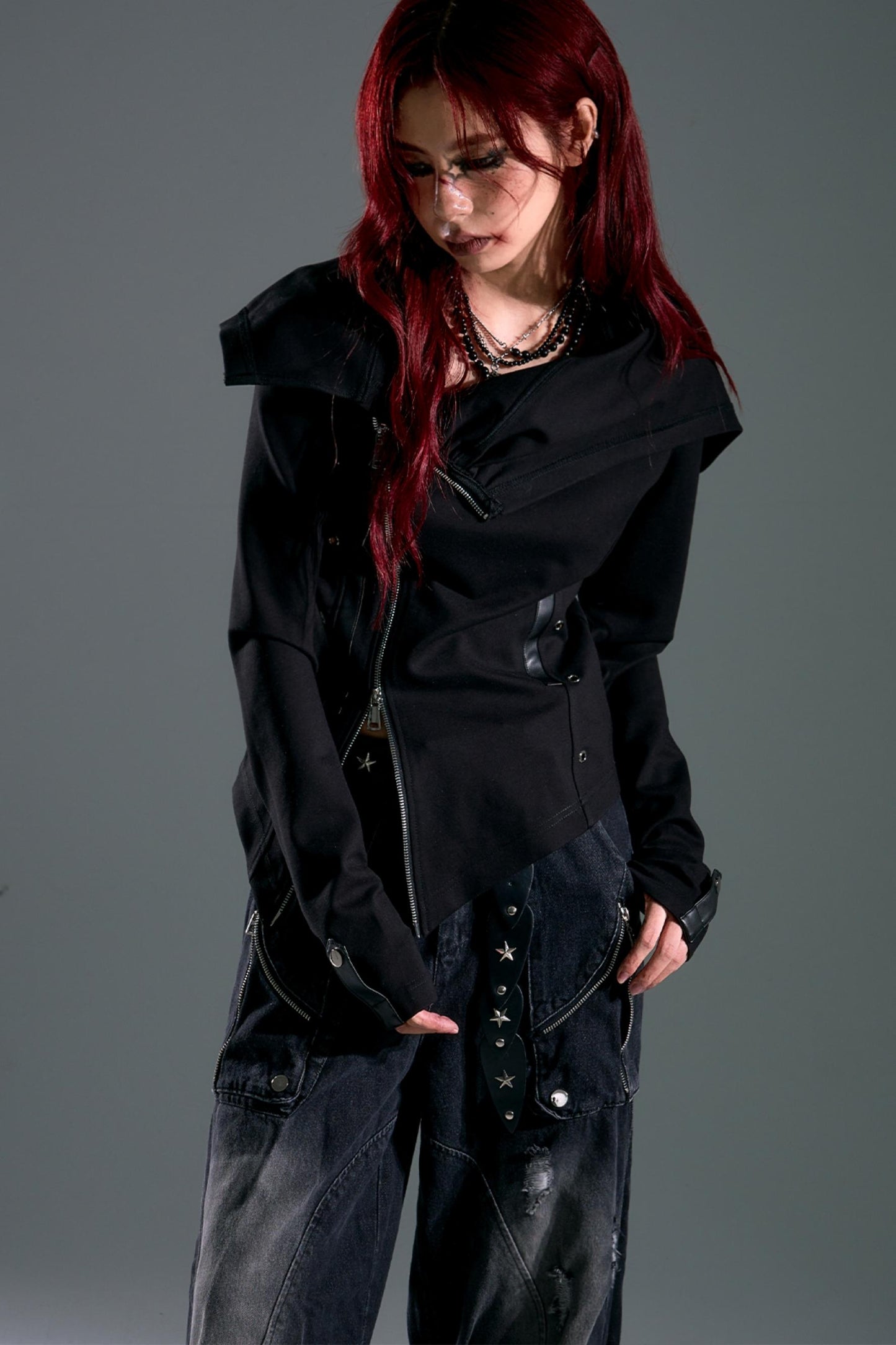 Hooded Asymmetrical Zip Knit Top