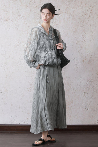 Gray Halter Pleated Dress Set-Up