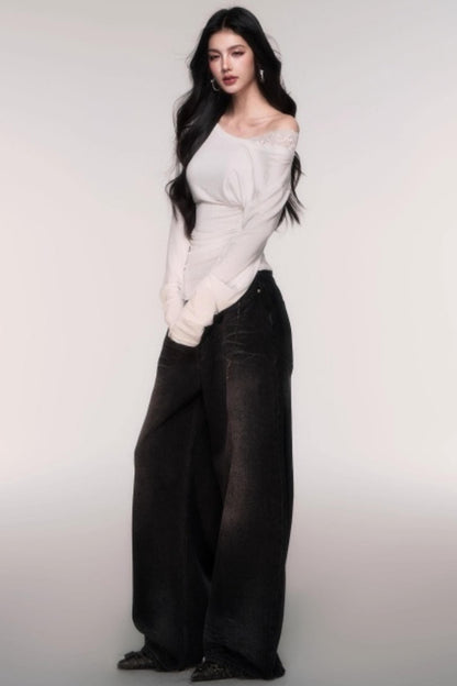 Washed High-Waisted Wide-Leg Jeans