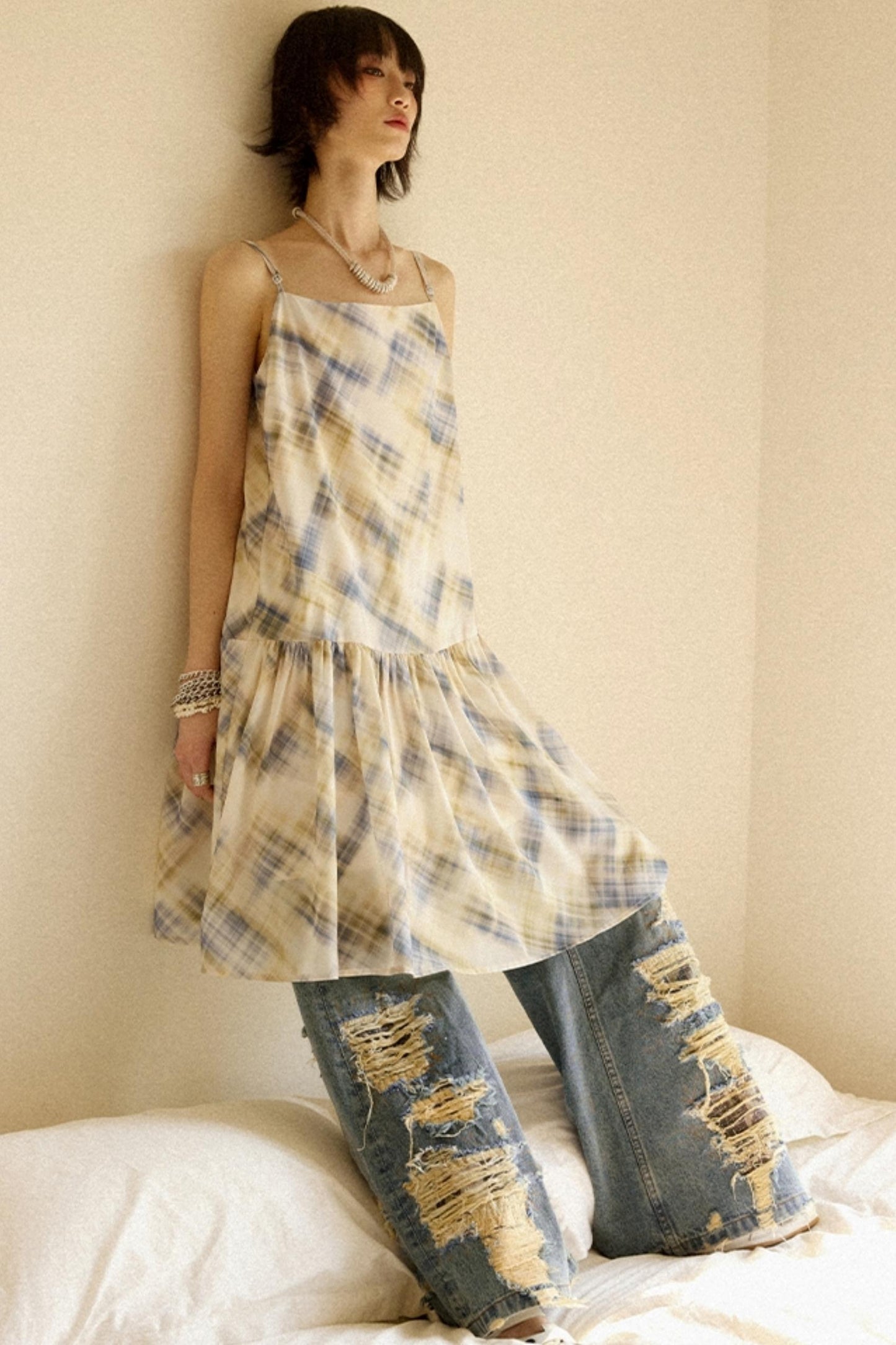 Illusion Plaid Halter Dress