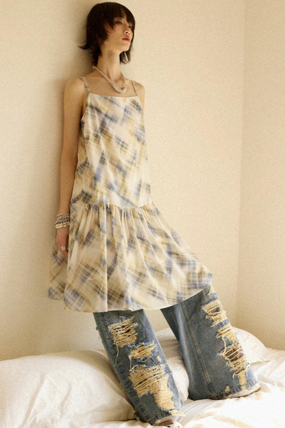 Illusion Plaid Halter Dress
