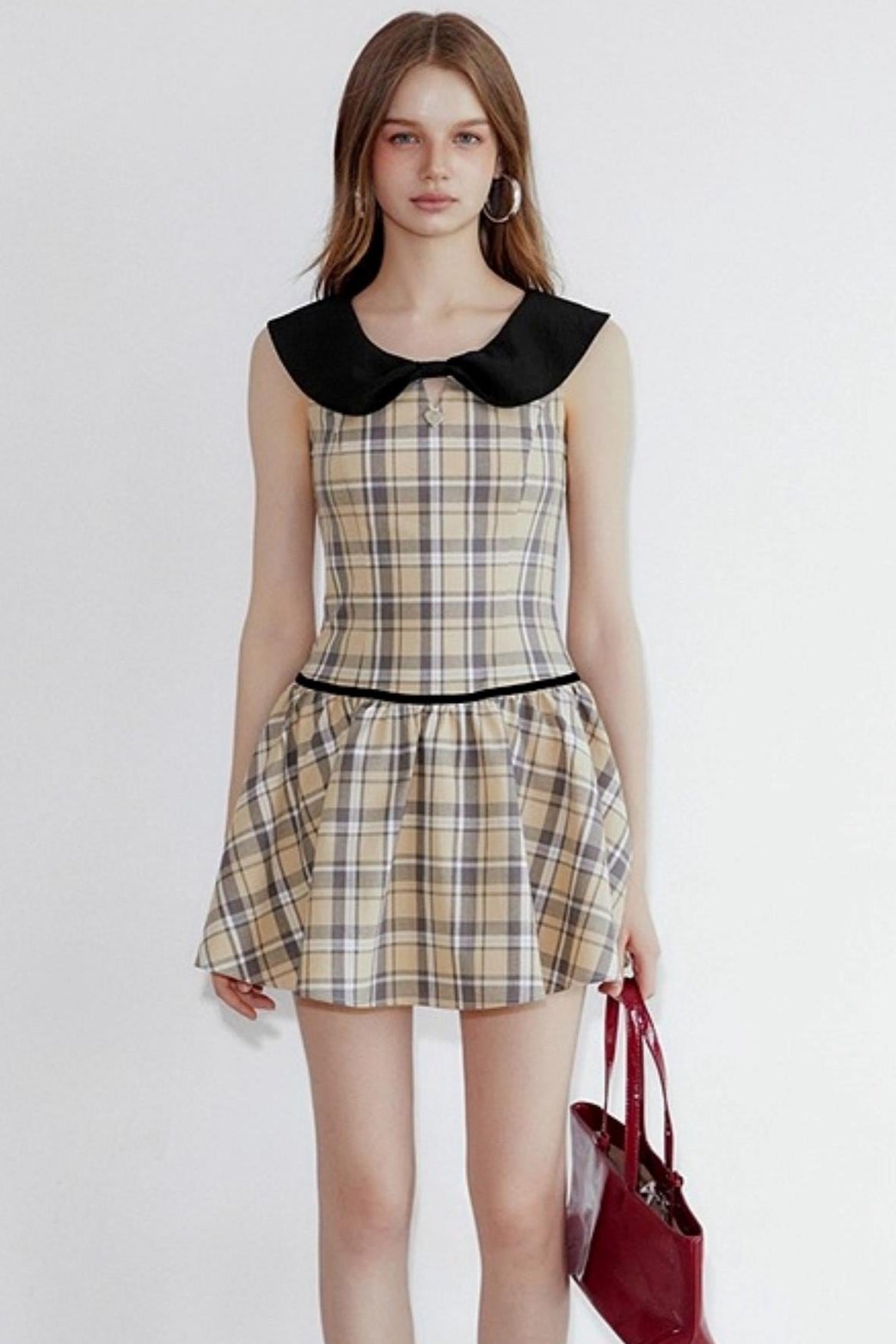 Plaid Contrasting Doll Neck Puffy Dress