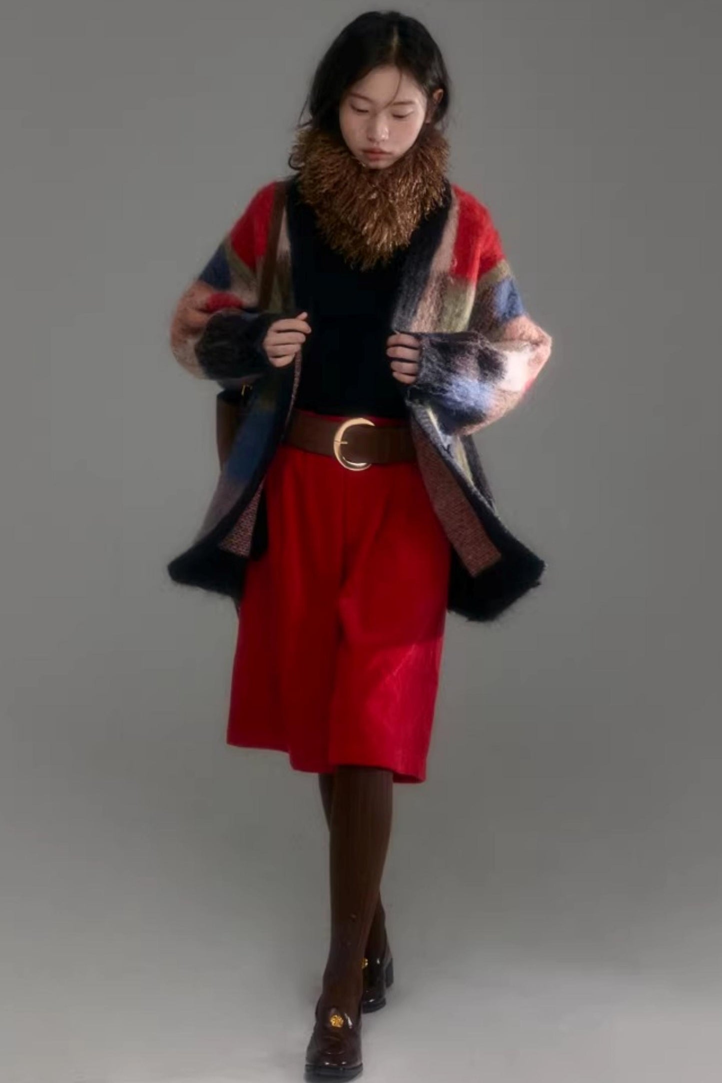 Color-Block-Strickjacke aus Wolle mit Karomuster