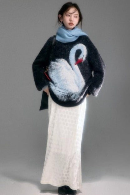 Moonlight Swan Faux Velvet Sweater