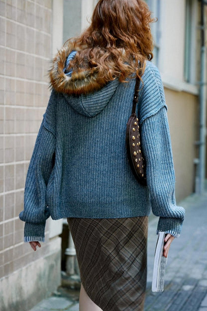 Fur Collar Cable Knit Cardigan