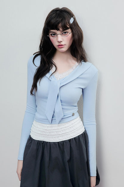 Korean Lace Trim Tie Neck Sweater