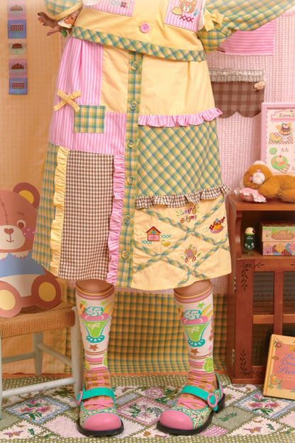 Patchwork Plaid Embroidered Top & Skirt Set-Up