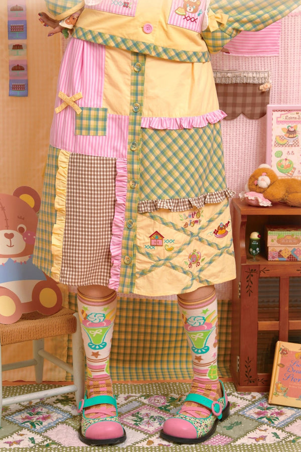 Patchwork Plaid Embroidered Top & Skirt Set-Up
