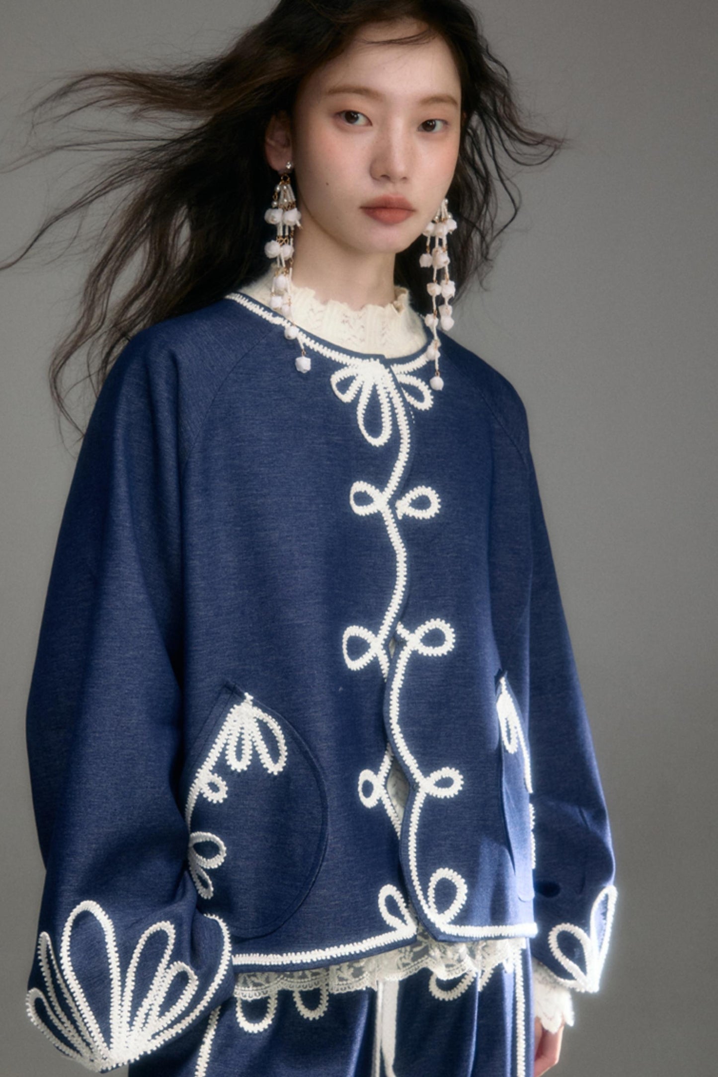 Vintage Embroidery Denim Cardigan Pants Set-Up