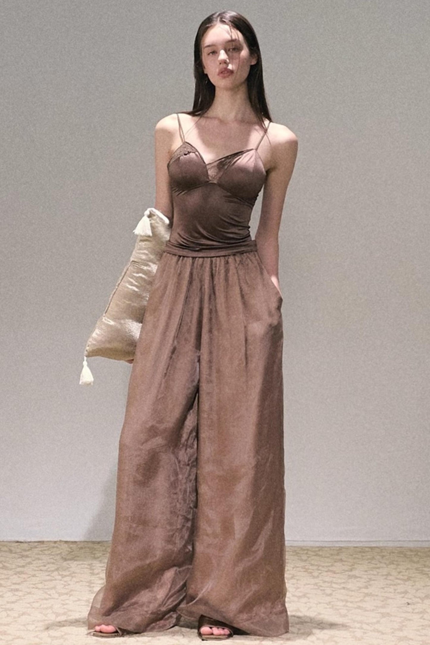 Apricot Satin Double-Layer Pants