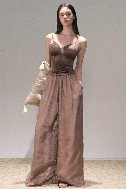 Apricot Satin Double-Layer Pants