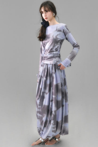 Poetic Swing Collar Print T-Shirt & Skirt Set-Up