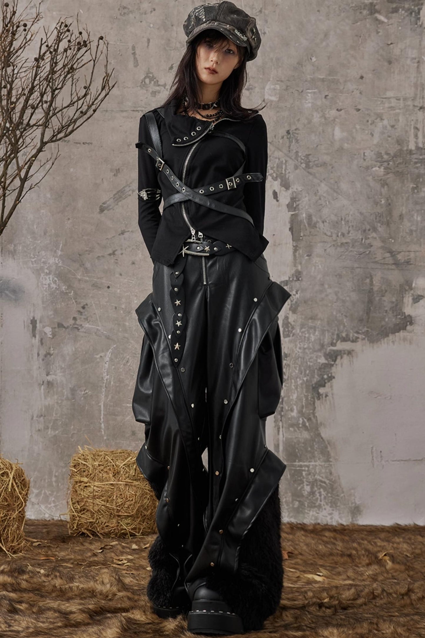 Autumn Punk Wide-Leg Leather Pants