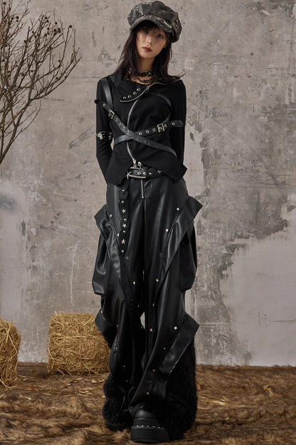 Autumn Punk Wide-Leg Leather Pants