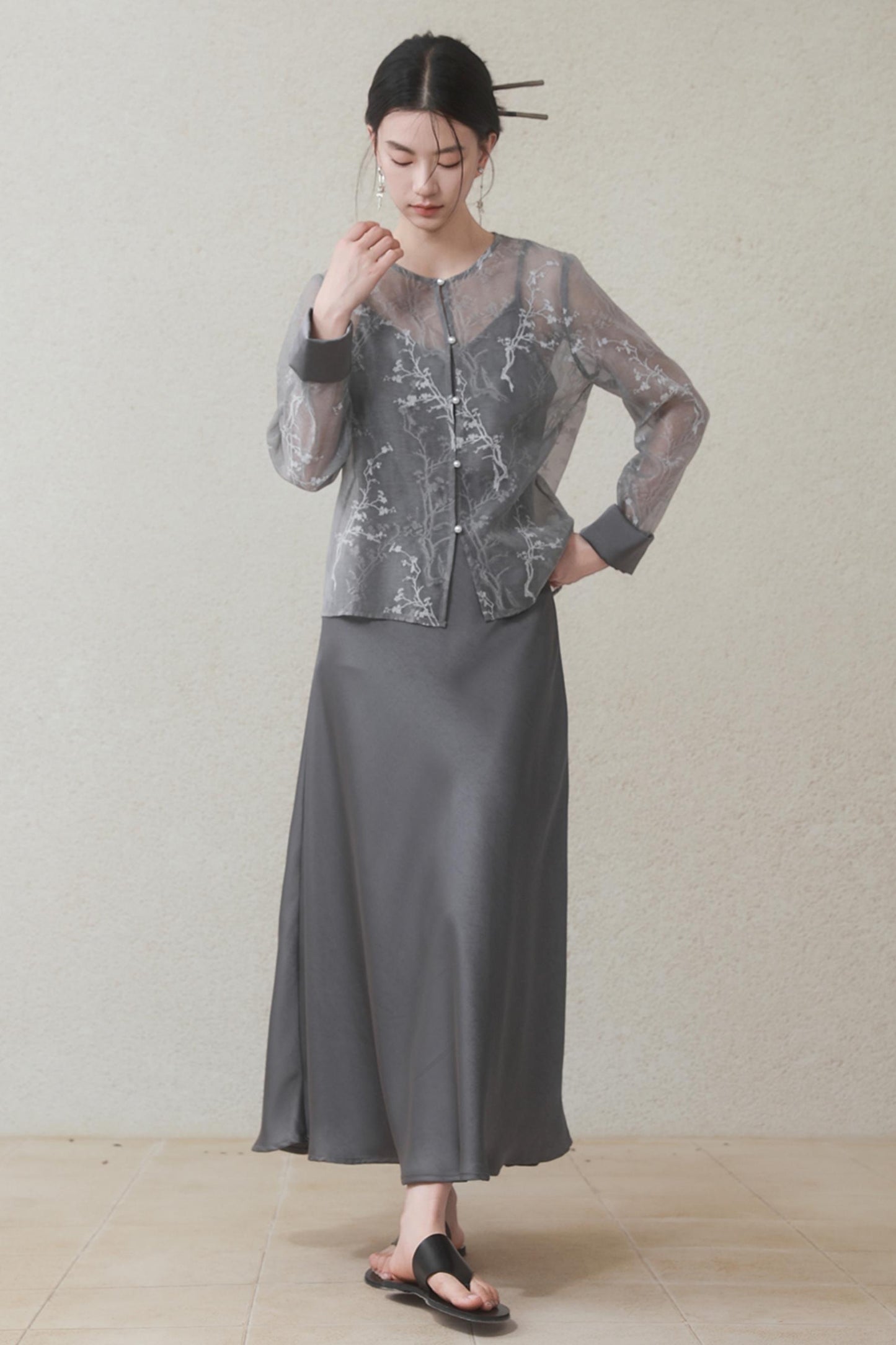 Plum Blossom Cardigan & Satin Dress Set