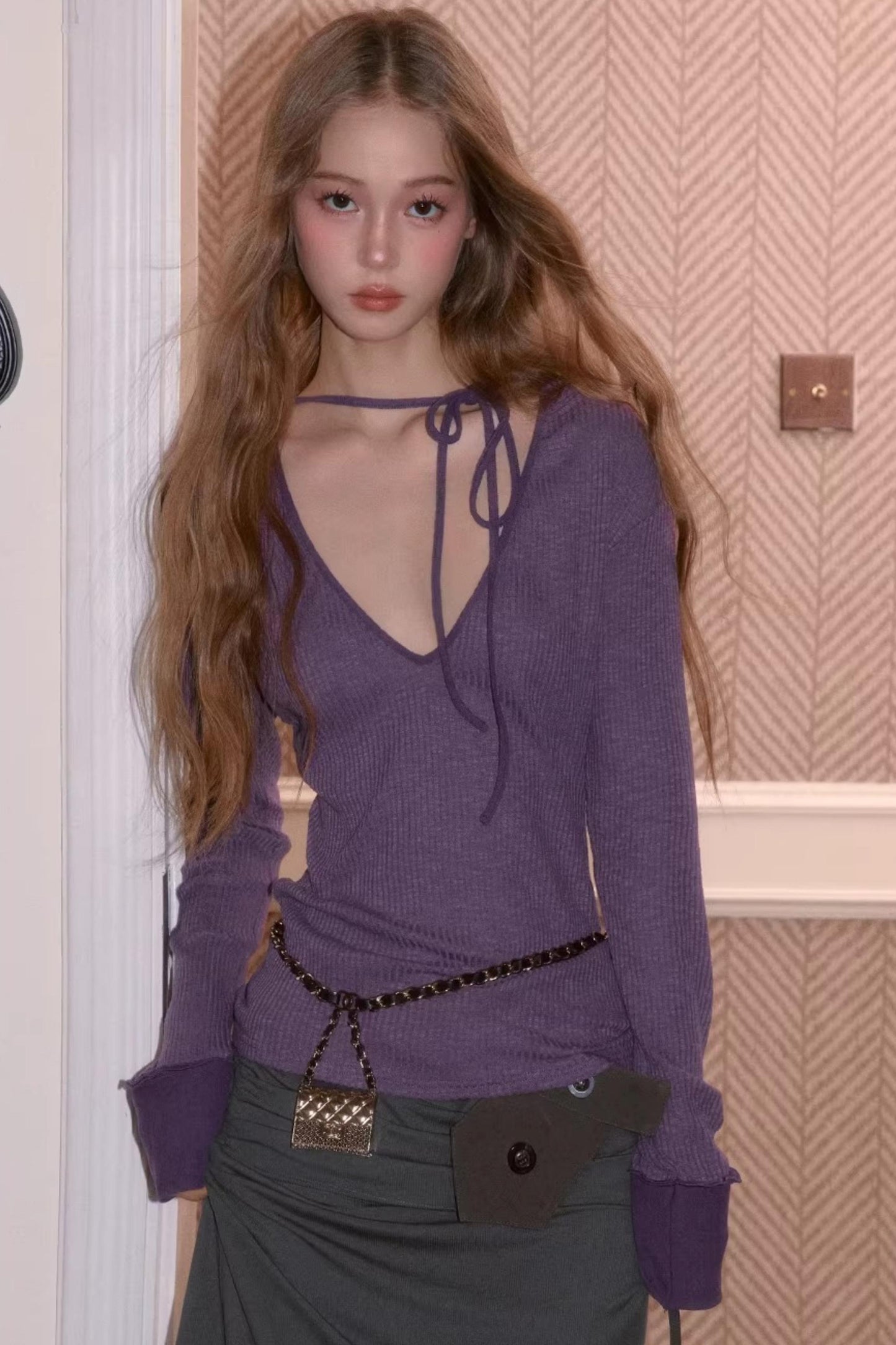 Sweet Tie V-Neck Blouse Top