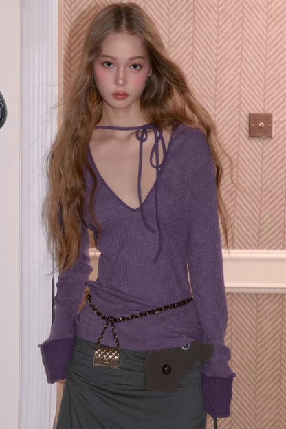 Sweet Tie V-Neck Blouse Top