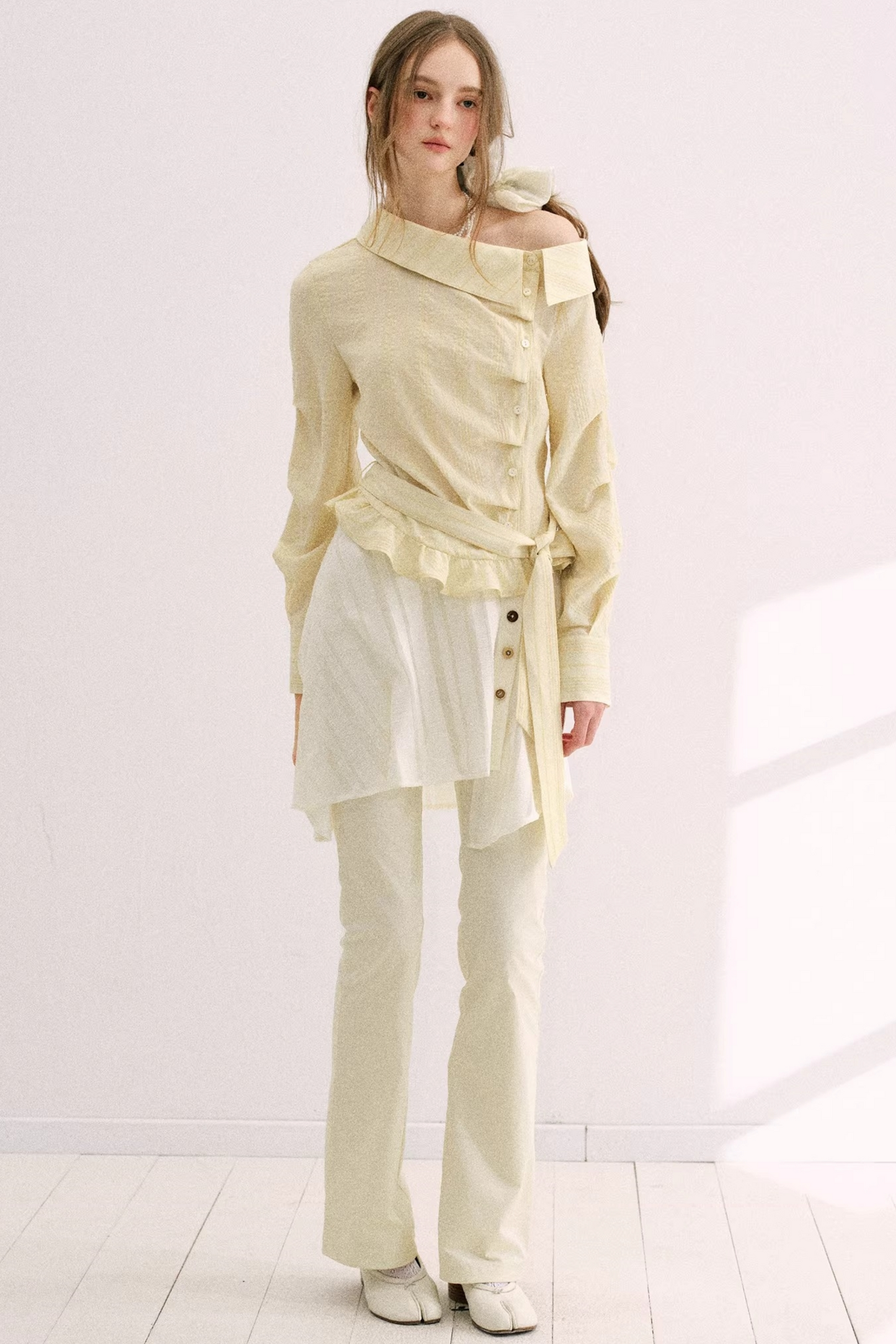 Creamy Yellow Striped Ruffled Top