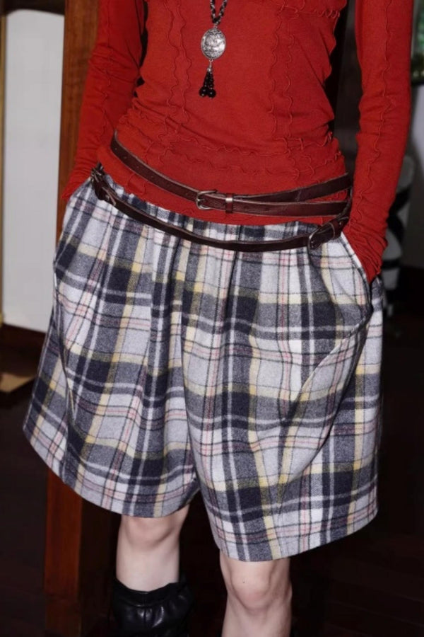 Vintage Plaid Wide-Leg Shorts