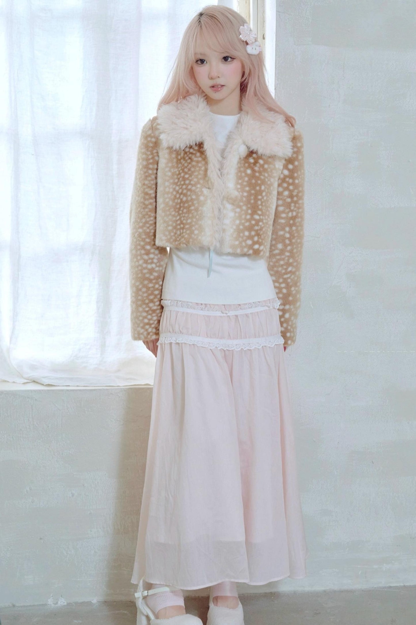 Lace Pleated Panel Pink Long Skirt