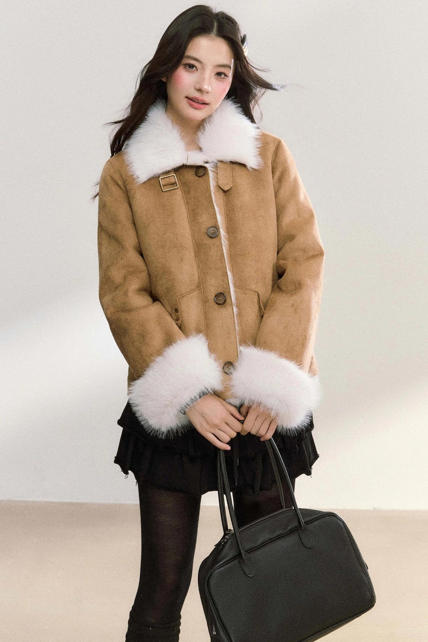 Suede Rivet Fur Collar Lapel Jacket