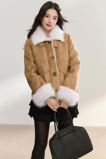 Suede Rivet Fur Collar Lapel Jacket