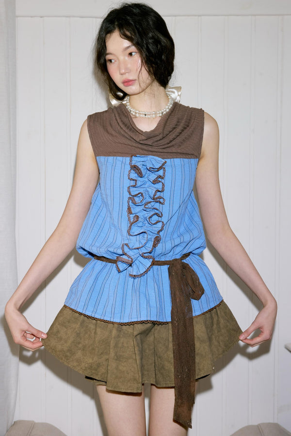 Blue Striped Knit Set With Puffy Skirt Set-Up