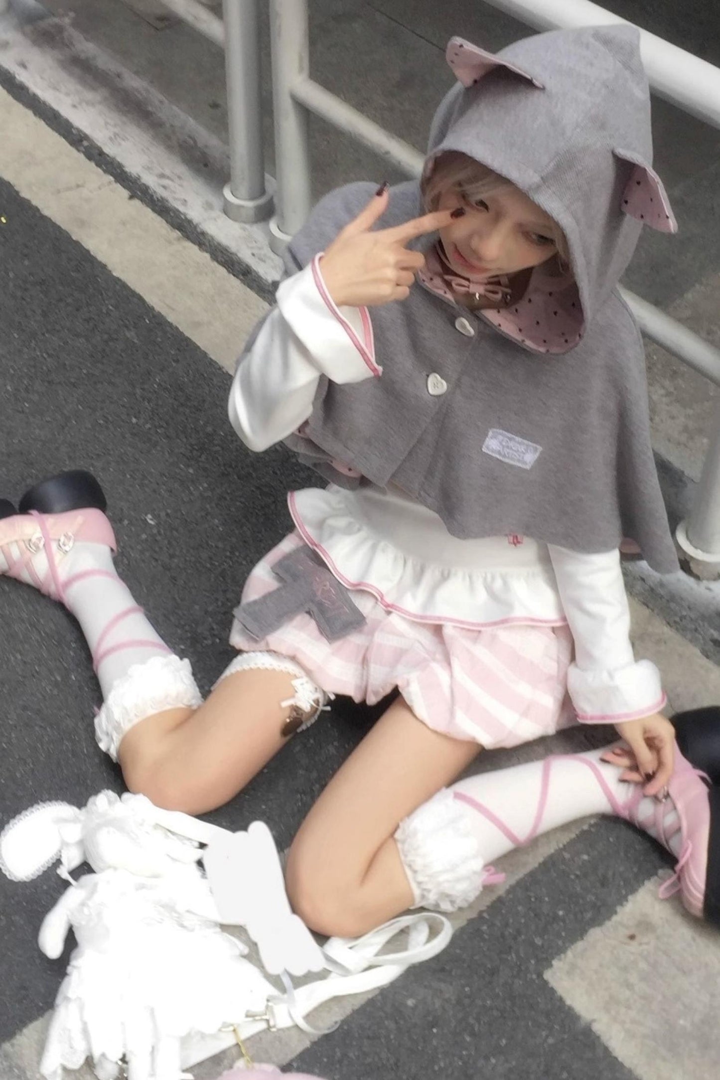 Cute Gray-Pink Cat Ears Hooded Coat