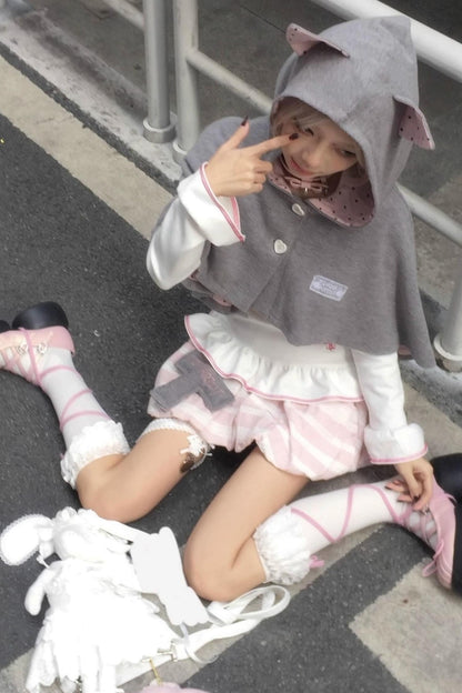 Cute Gray-Pink Cat Ears Hooded Coat