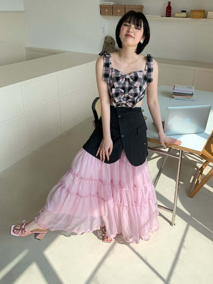 Cherry Blossoms Splice Mesh Volume Tiered Skirt