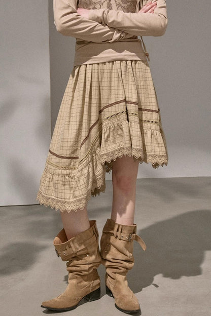 Wave Stitching Plaid Midi Skirt