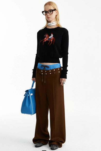 Blue and Brown Contrast Belt Decorative Pants